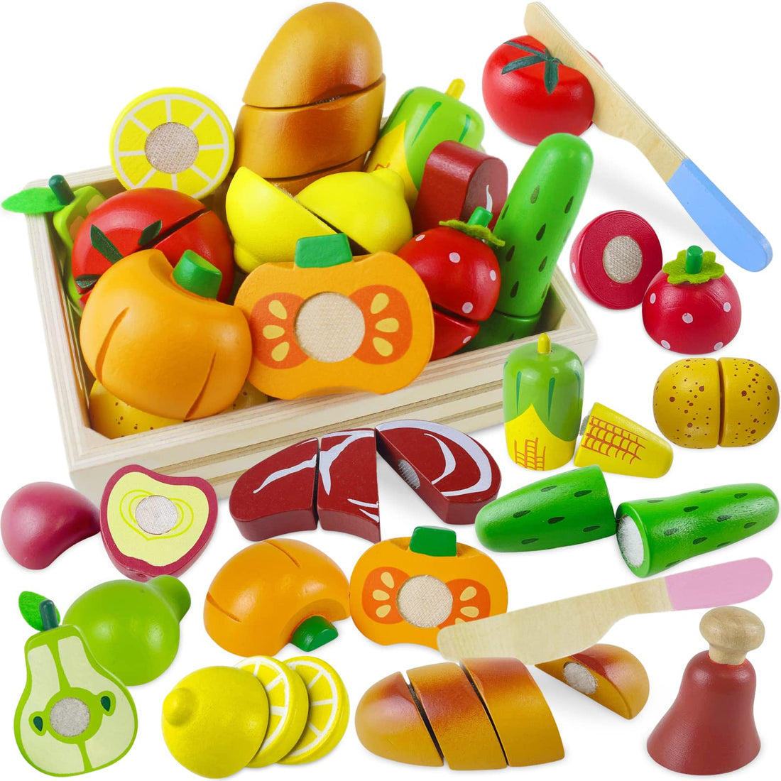 Beberolen Wooden Pizza Toy Play Food Set for Kids Pretend Play Kitchen Accessories Cutting Food Toys for 3 4 5 Years Old Toddlers Boys Girls