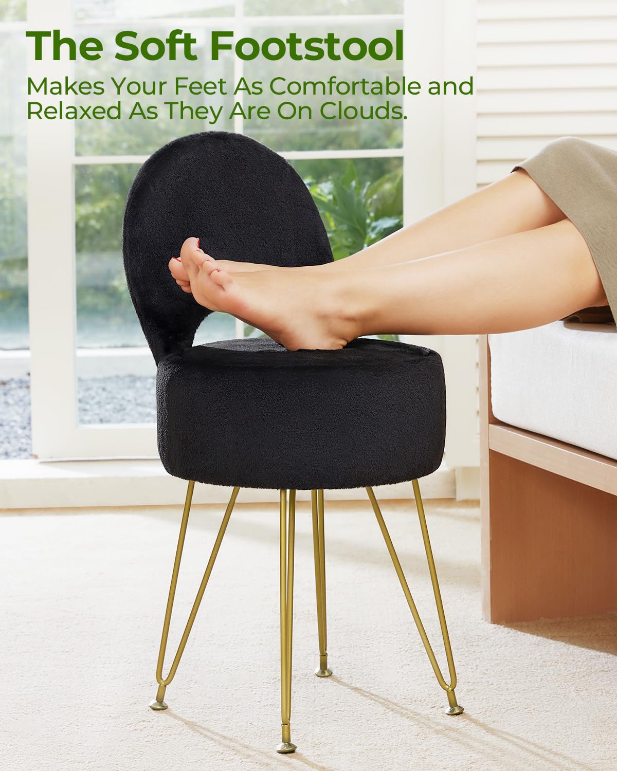 Greenstell Vanity Stool with Foldable Back, Vanity Chair with Storage, 13&quot; Dx 27.7&quot; H Faux Fur Soft Ottoman, 4 Metal Legs with Anti-Slip Feet, Small Furry Padded Seat for Makeup, Bedroom, White