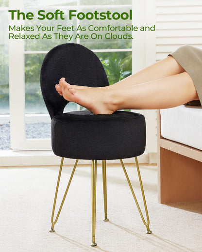 Greenstell Vanity Stool with Foldable Back, Vanity Chair with Storage, 13&quot; Dx 27.7&quot; H Faux Fur Soft Ottoman, 4 Metal Legs with Anti-Slip Feet, Small Furry Padded Seat for Makeup, Bedroom, White