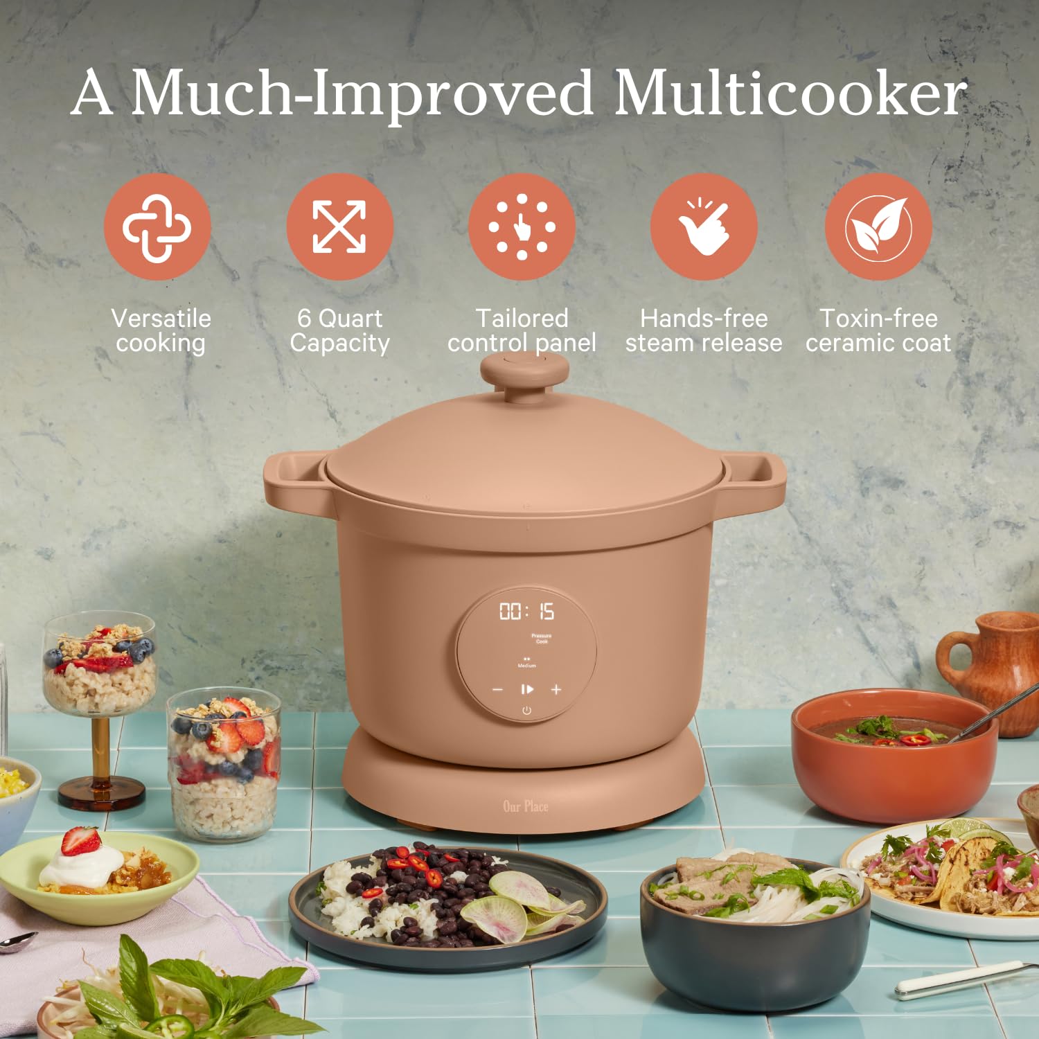 Our Place Dream Cooker | 6-quart Multicooker | 4 Versatile Modes | Pressure Cook, Slow Cook, Sear &amp; Saute, Keep Warm | Hands-Free Steam Release | Tailored Control Panel | Steam