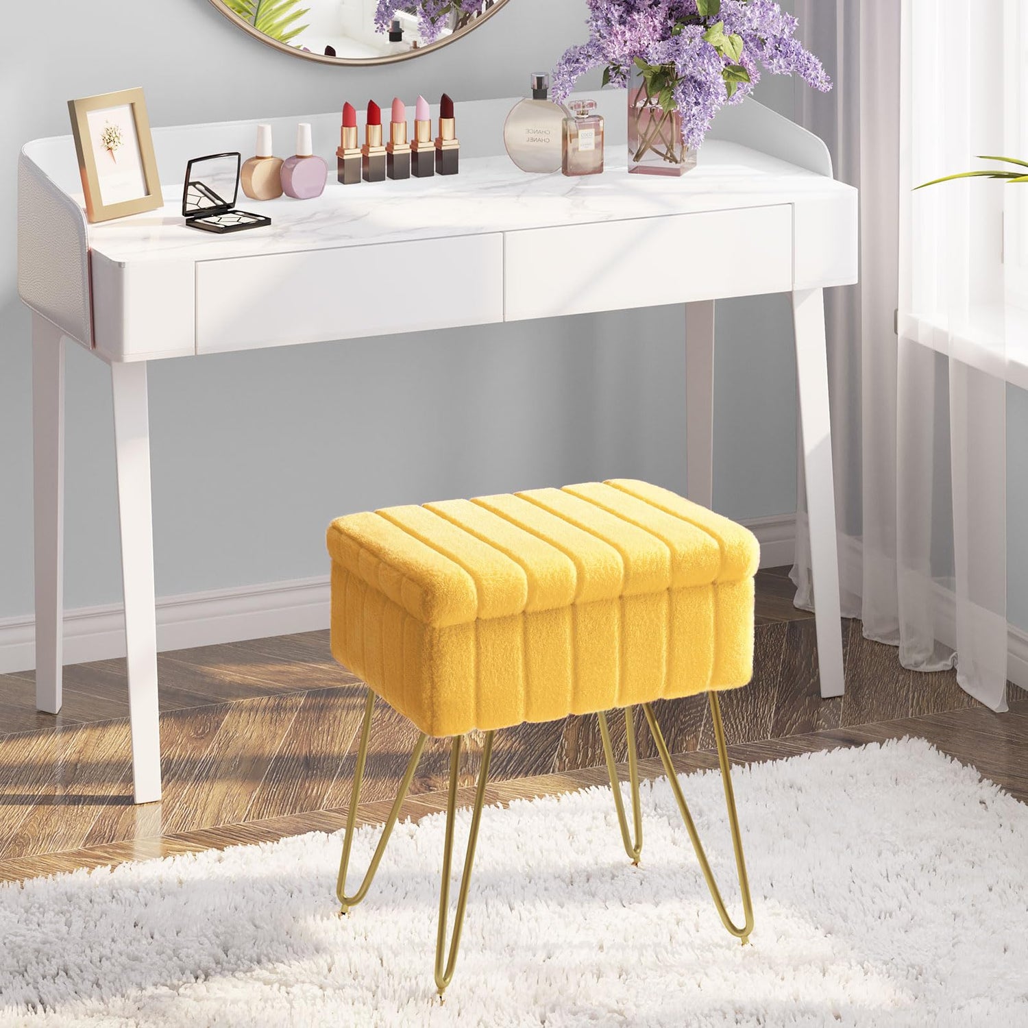 Greenstell Vanity Stool Chair Faux Fur with Storage, 19.4&quot; H x 15.7&quot; L x 11.8&quot; W Soft Ottoman 4 Metal Legs with Anti-Slip Feet, Furry Padded Seat, Modern Multifunctional Chairs for Makeup, Bedroom