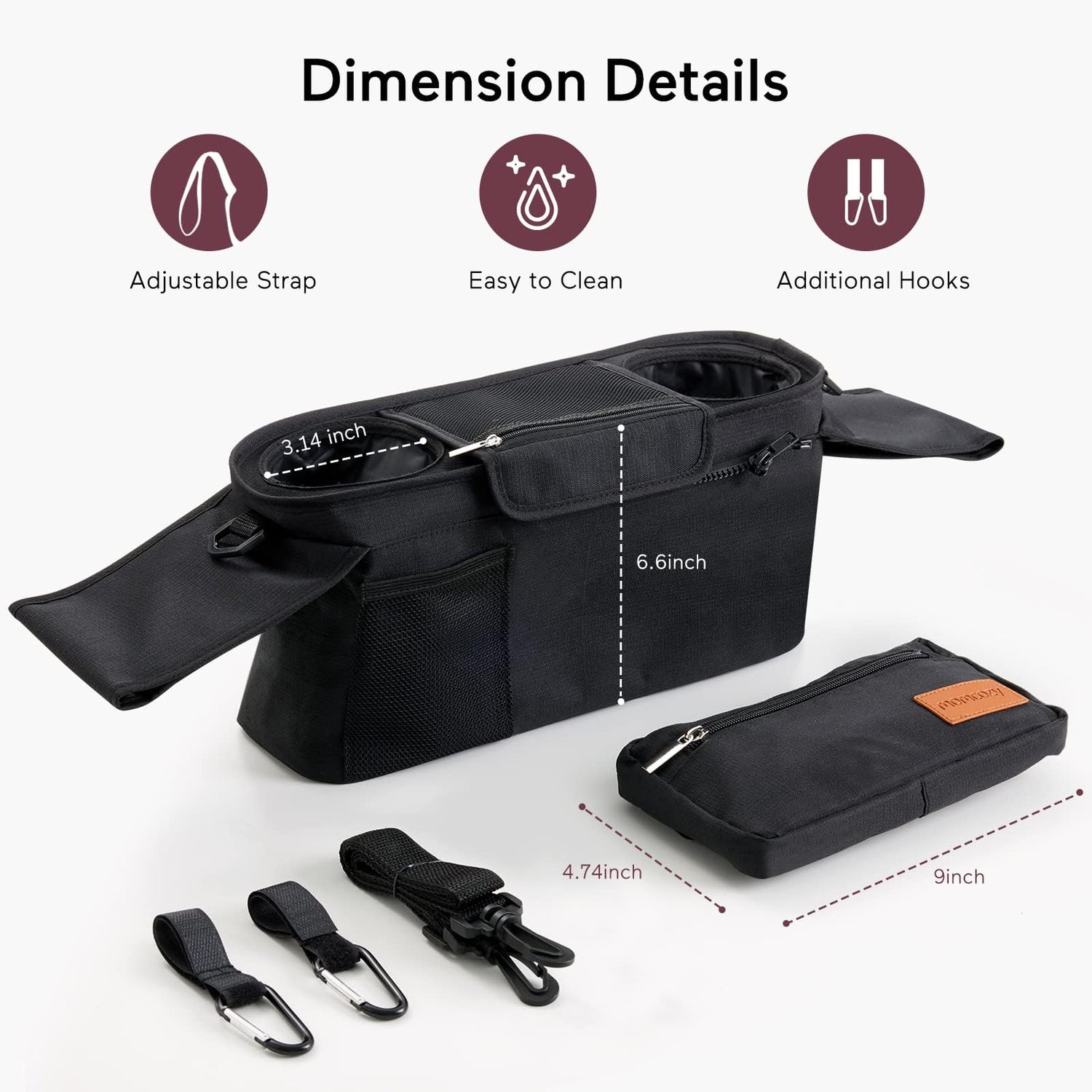 Momcozy Universal Baby Stroller Organizer, 2 Insulated Cup Holder, Detachable Zippered Pocket, Adjustable Shoulder Strap, Large capacity for baby essentials, Compact Design Fits Any Strollers