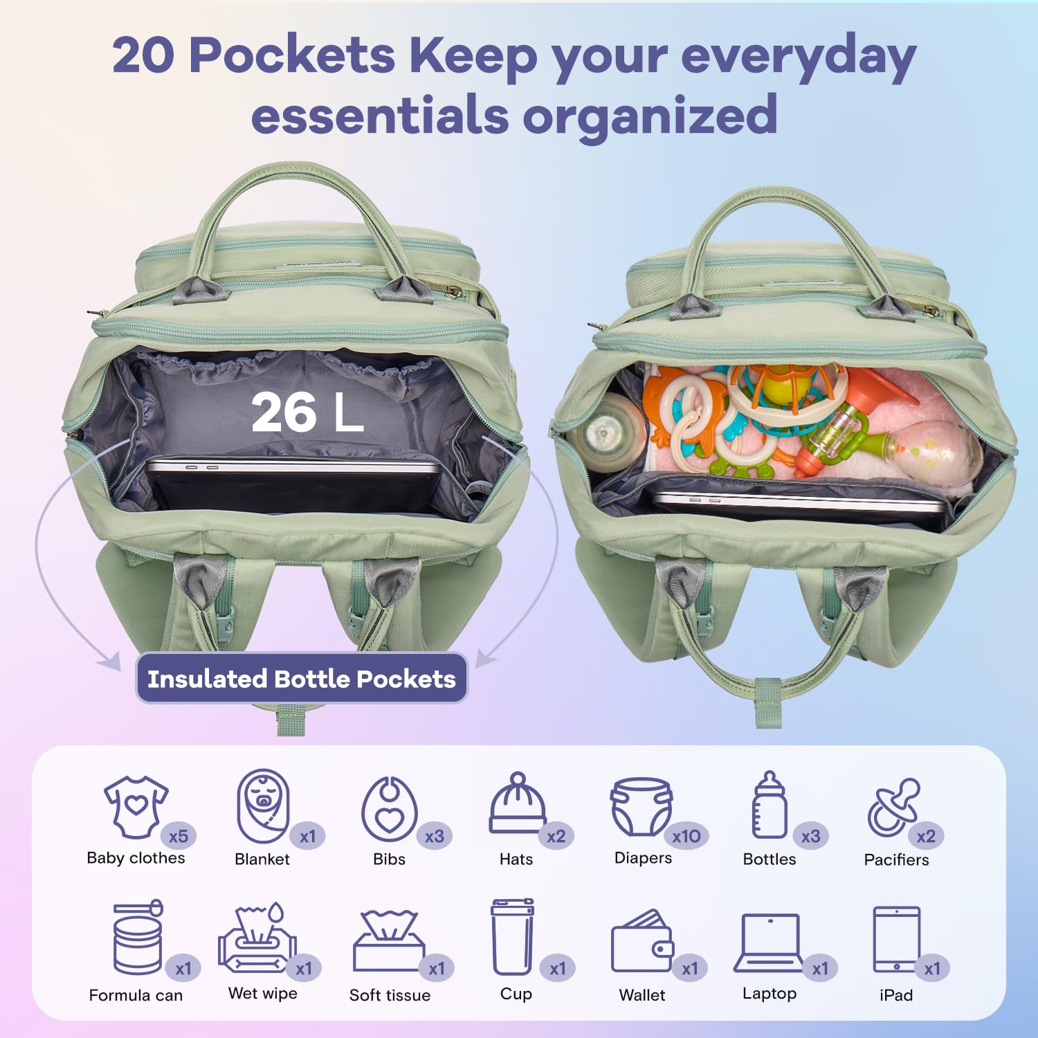 RUVALINO Diaper Bag Backpack, Multifunction Travel Pack Maternity Baby Changing Bags, Large Capacity, Waterproof, Beige