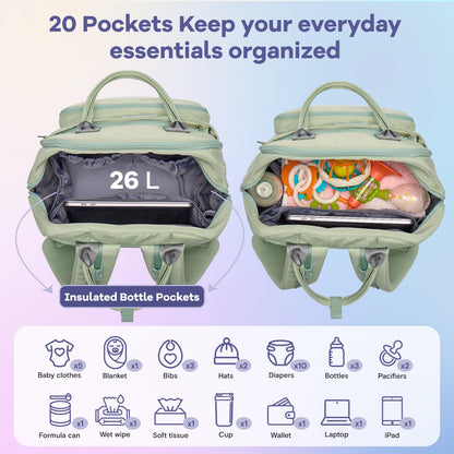 RUVALINO Diaper Bag Backpack, Multifunction Travel Pack Maternity Baby Changing Bags, Large Capacity, Waterproof, Beige