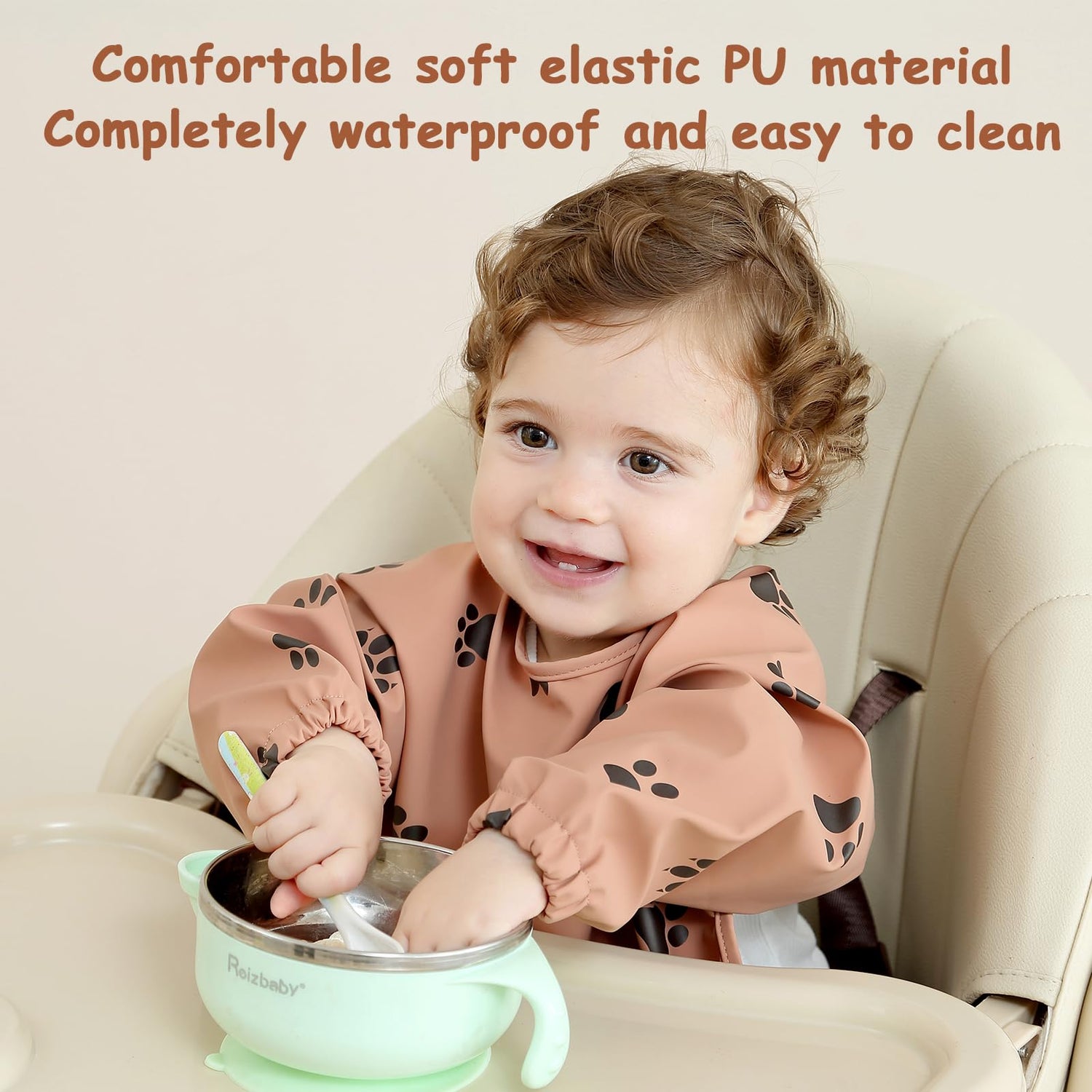 PewinGo Weaning Bib with Long Sleeves &amp; BLW, Soft and Skin-Friendly Material, Coverall Bibs for Baby Feeding, Waterproof and Easy to Clean &amp; Machine Washable, for Baby Infant Toddlers (Pink)