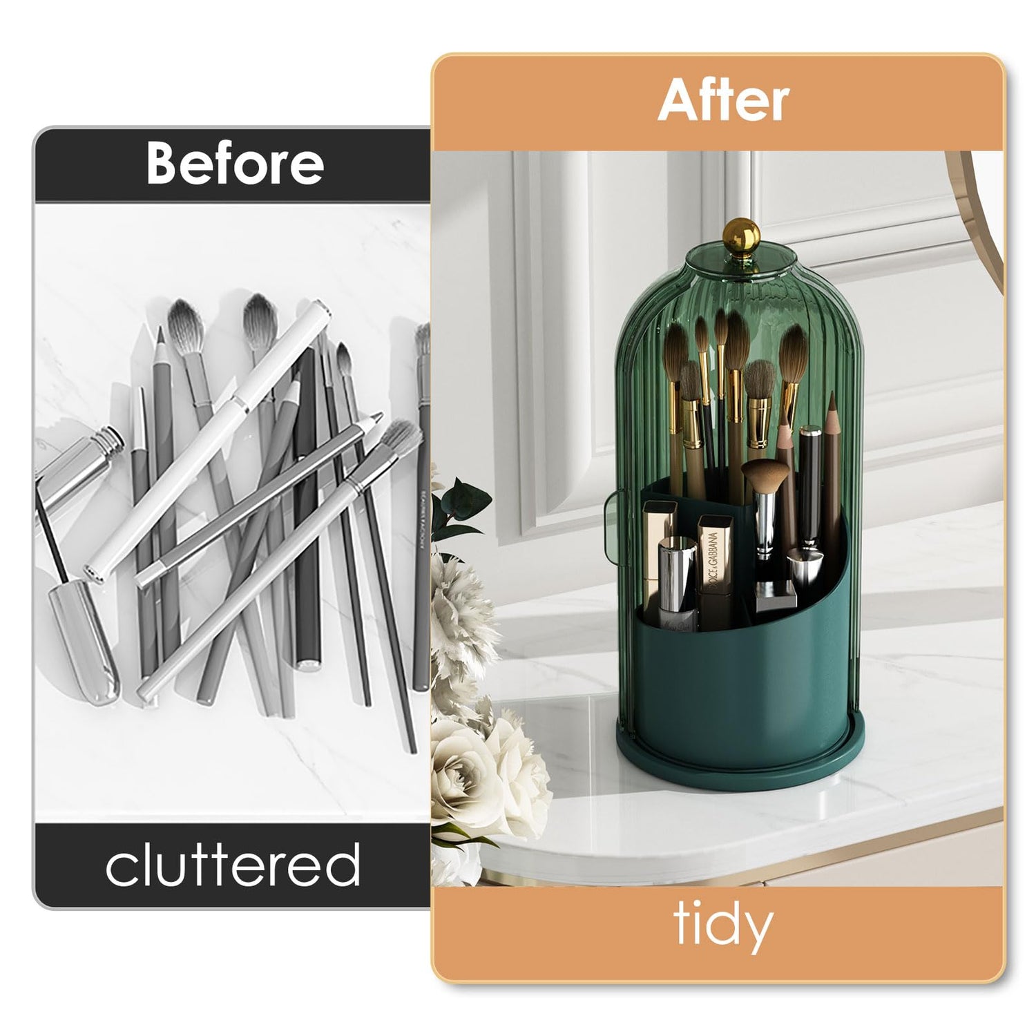 Makeup Brush Holder Organizer with Lid,360 Rotating Clear Dustproof Makeup Brushes Organizer for Vanity Desktop Bathroom Countertop (Transparent)