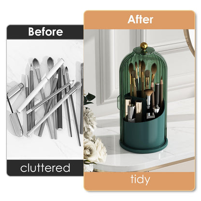 Makeup Brush Holder Organizer with Lid,360 Rotating Clear Dustproof Makeup Brushes Organizer for Vanity Desktop Bathroom Countertop (Transparent)