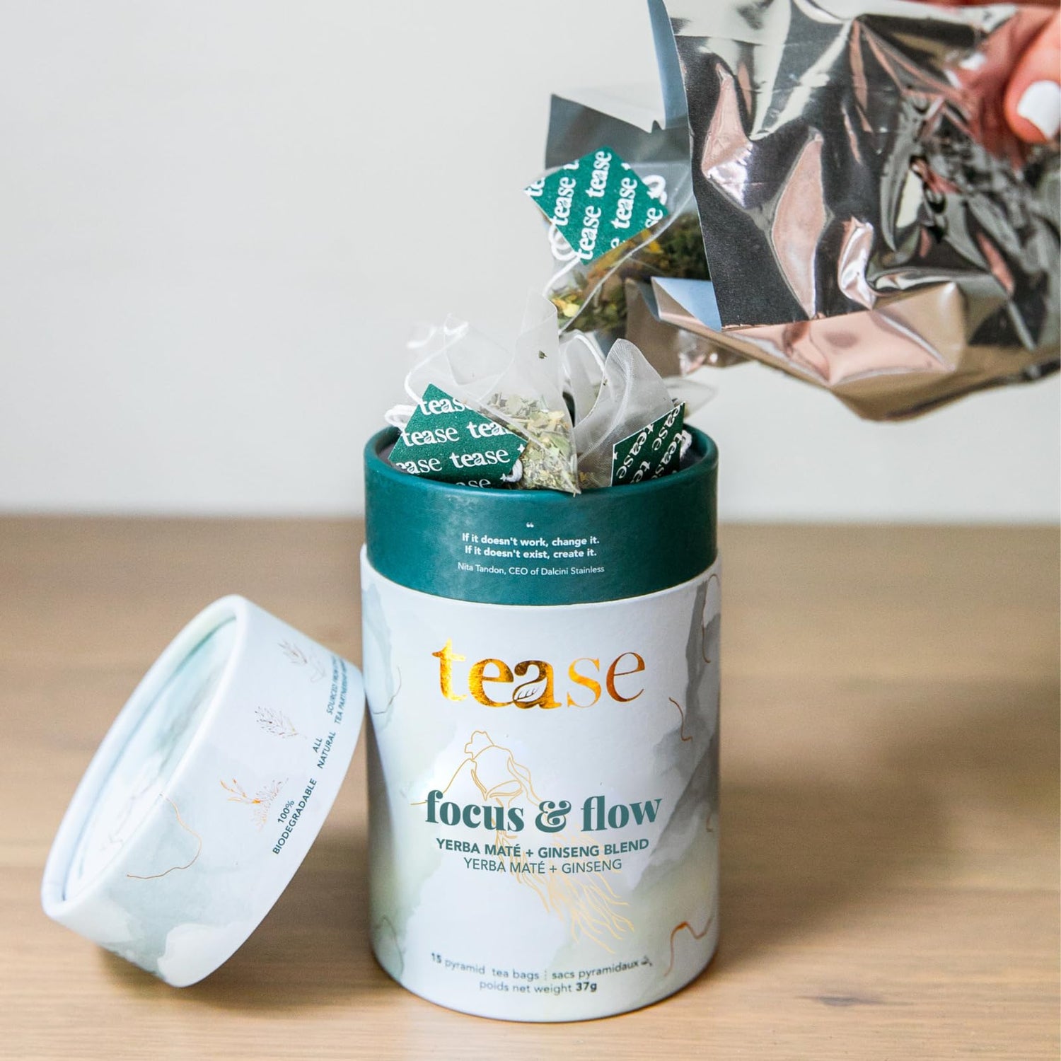 Tease Tea Organic Tea Tube Gift Set | 15 Piece Botanical Pyramid Tea Bag Infuser Sachets Loose Leaf Support Citrusy Blend with Rooibos, Peppermint, Valerian Root Caffeine Free 37g (Golden Slumbers)