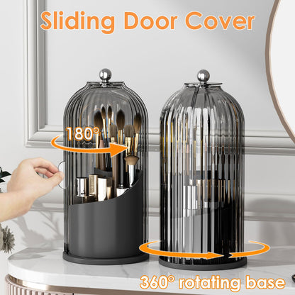 Makeup Brush Holder Organizer with Lid,360 Rotating Clear Dustproof Makeup Brushes Organizer for Vanity Desktop Bathroom Countertop (Transparent)