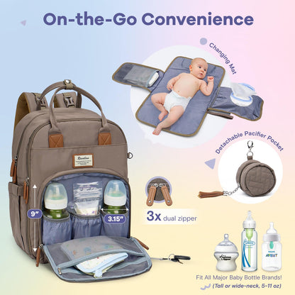 RUVALINO Diaper Bag Backpack, Multifunction Travel Pack Maternity Baby Changing Bags, Large Capacity, Waterproof, Beige