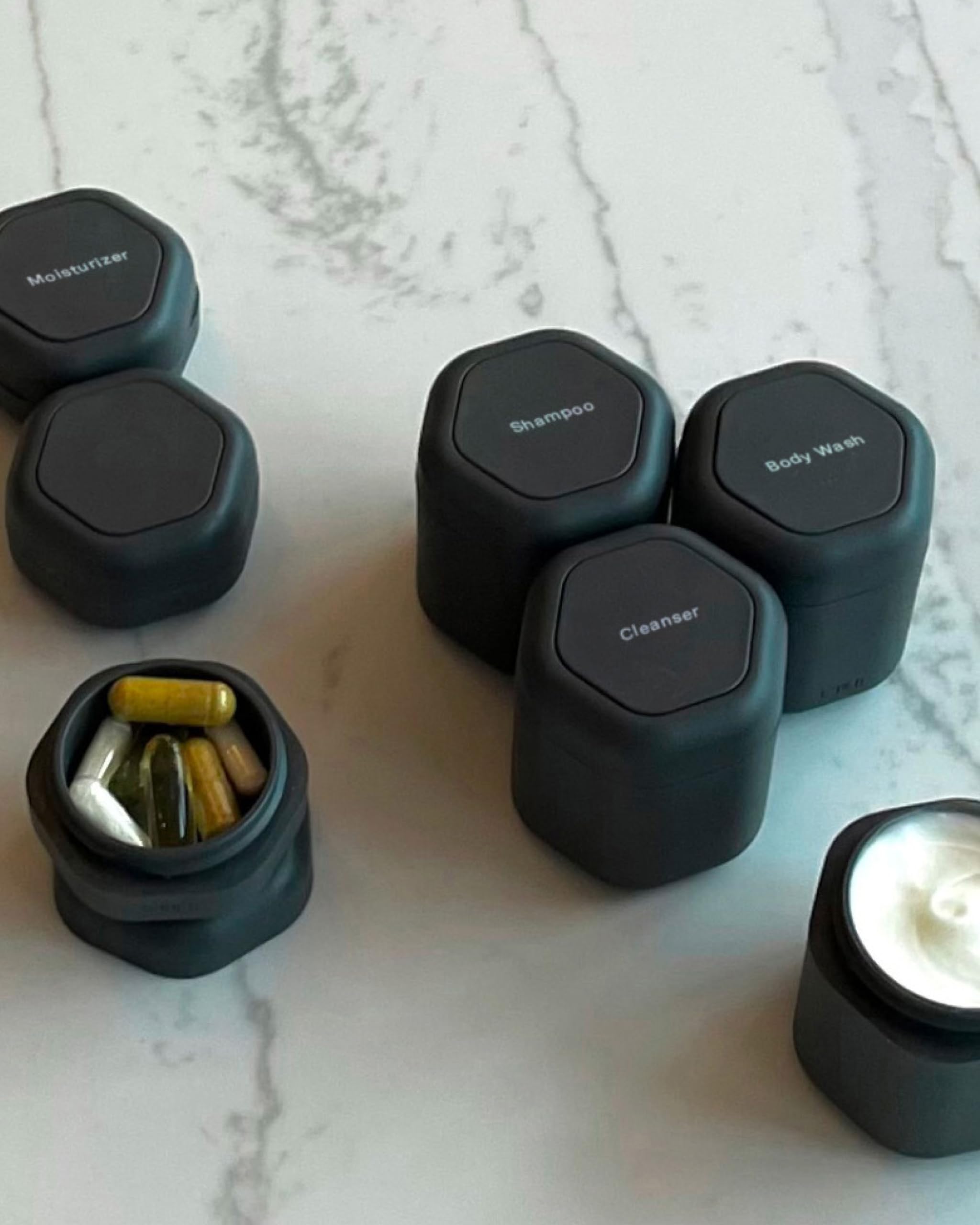 Cadence Travel Containers - Daily Routine Capsule Set - Magnetic Travel Capsules - For Shampoo, Conditioner, Body Wash, Pills, and More - 4 Flex Mediums (1.32oz) &amp; 3 Flex Smalls (0.56oz) - Sand