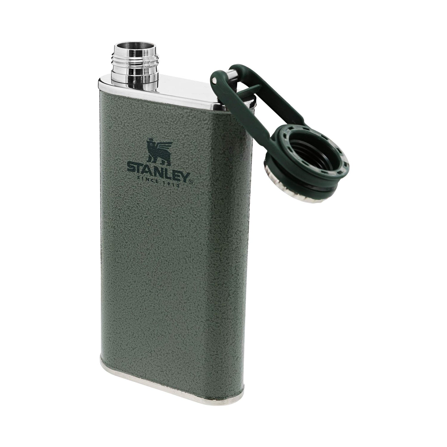 Stanley Classic Flask 8 oz / 0.23 L with Never-Lose Cap, Wide Mouth Stainless Steel Hip Flask for Easy Filling &amp; Pouring, Insulated BPA-Free Leak-Proof Flask,Hammertone Green