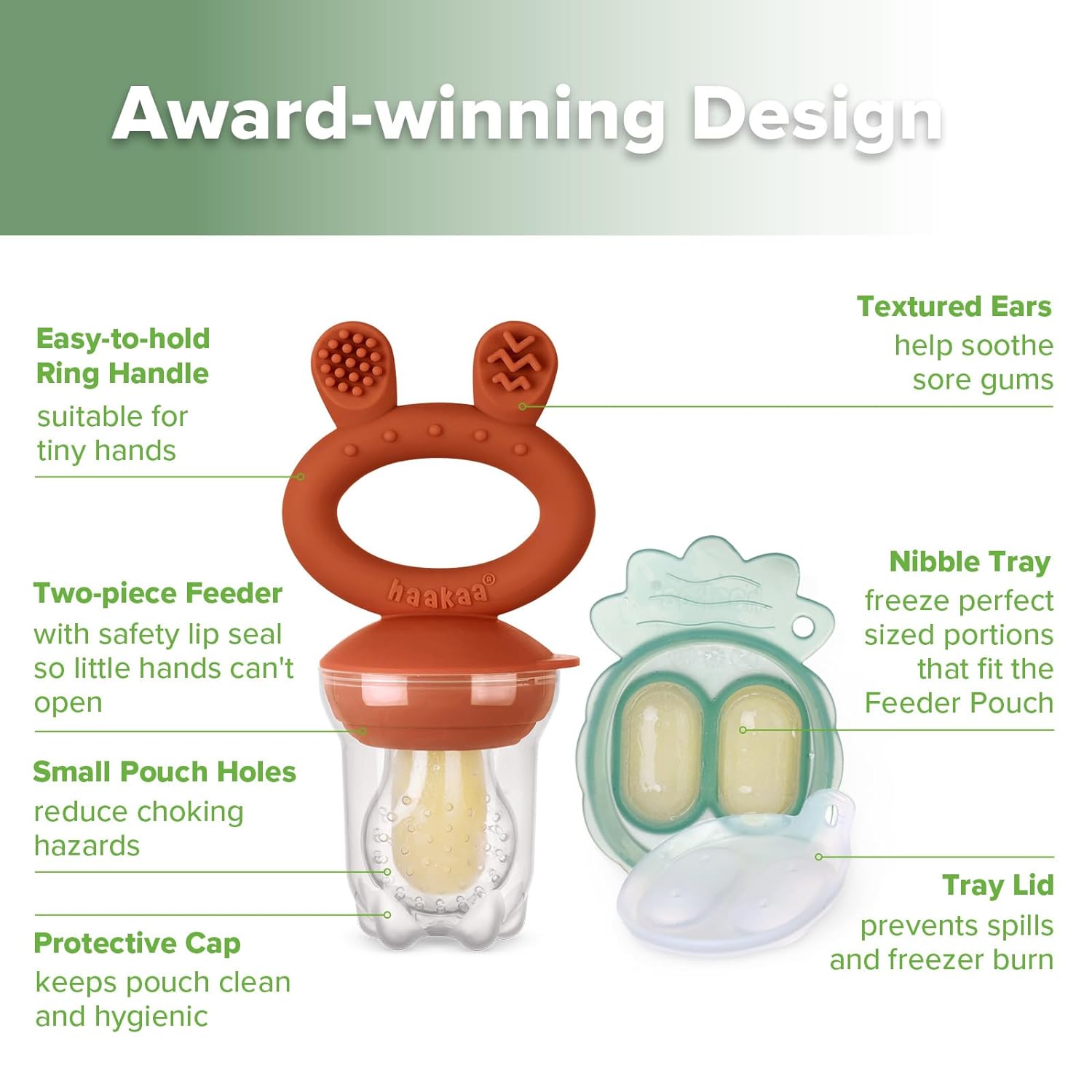 Haakaa Baby Fruit Food Feeder &amp; Mini Freezer Nibble Tray Combo, Breastmilk Popsicle Molds for Cooling Relief, BPA Free Silicone Feeder for Safe Infant Self Feeding, 4 Month+ (Pea Green)
