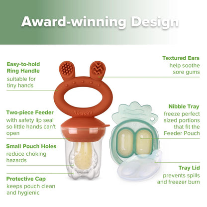 Haakaa Baby Fruit Food Feeder &amp; Mini Freezer Nibble Tray Combo, Breastmilk Popsicle Molds for Cooling Relief, BPA Free Silicone Feeder for Safe Infant Self Feeding, 4 Month+ (Pea Green)
