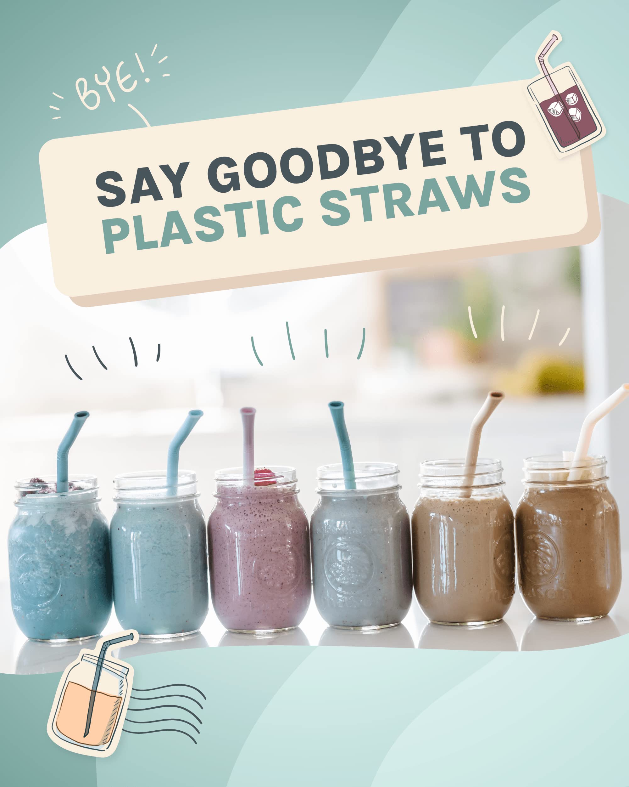 Silicone Straws - Reusable Drinking Straws w/Cleaning Brush - Long, Flexible and Bendy Straws For Tumblers and Cups - BPA Free, Food Grade Silicone, Dishwasher Safe - Set of 6 (Sand)
