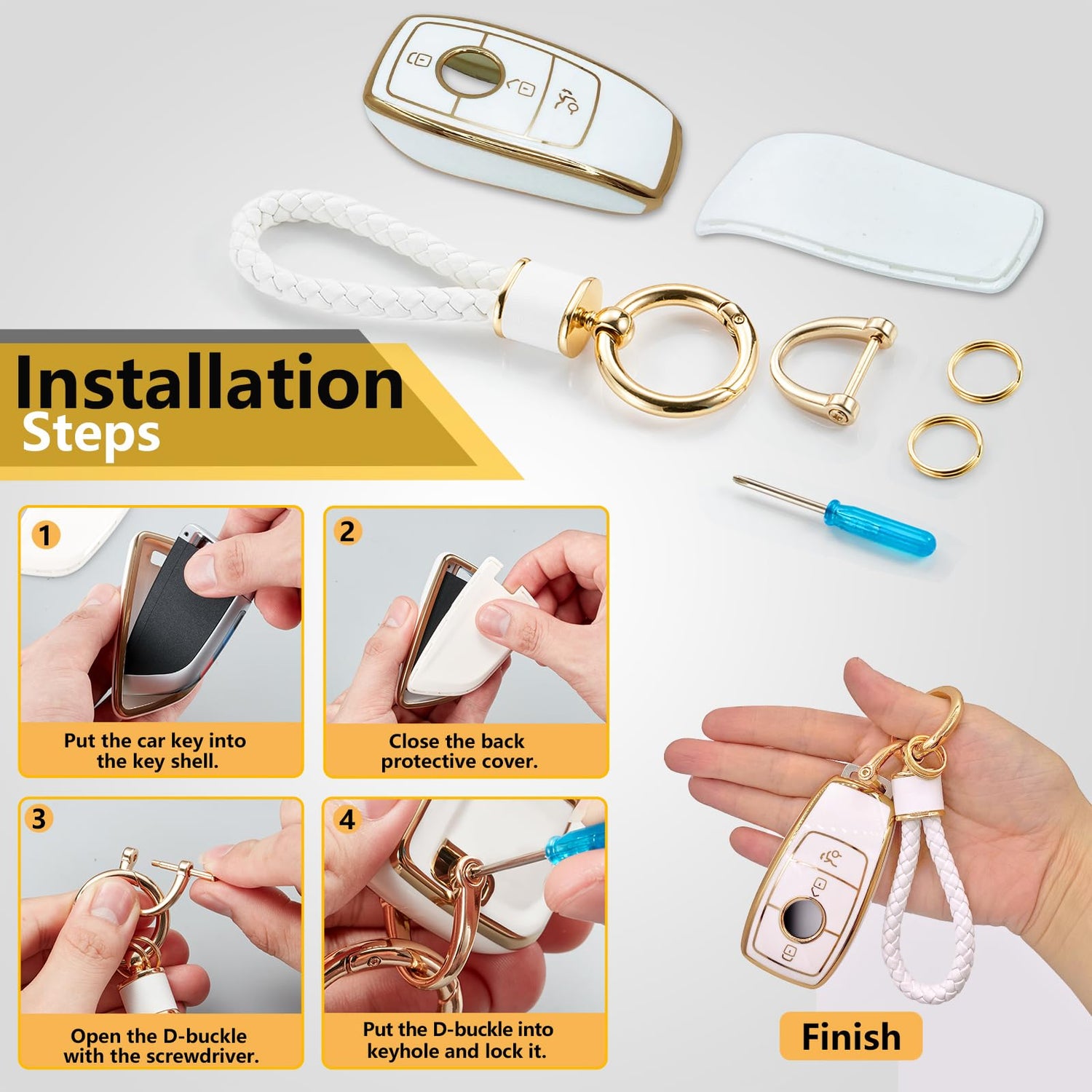 Cadillac Key Fob Cover with Metal Braided Rope Keychain, Upgraded Soft Key Case for 2015-2019 Escalade CTS SRX XT5 ATS STS CT6 (5 Button) (Gold Edge)