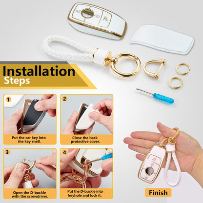 Cadillac Key Fob Cover with Metal Braided Rope Keychain, Upgraded Soft Key Case for 2015-2019 Escalade CTS SRX XT5 ATS STS CT6 (5 Button) (Gold Edge)