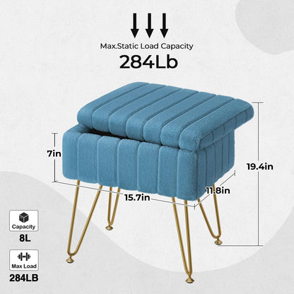 Greenstell Vanity Stool Chair Faux Fur with Storage, 19.4&quot; H x 15.7&quot; L x 11.8&quot; W Soft Ottoman 4 Metal Legs with Anti-Slip Feet, Furry Padded Seat, Modern Multifunctional Chairs for Makeup, Bedroom