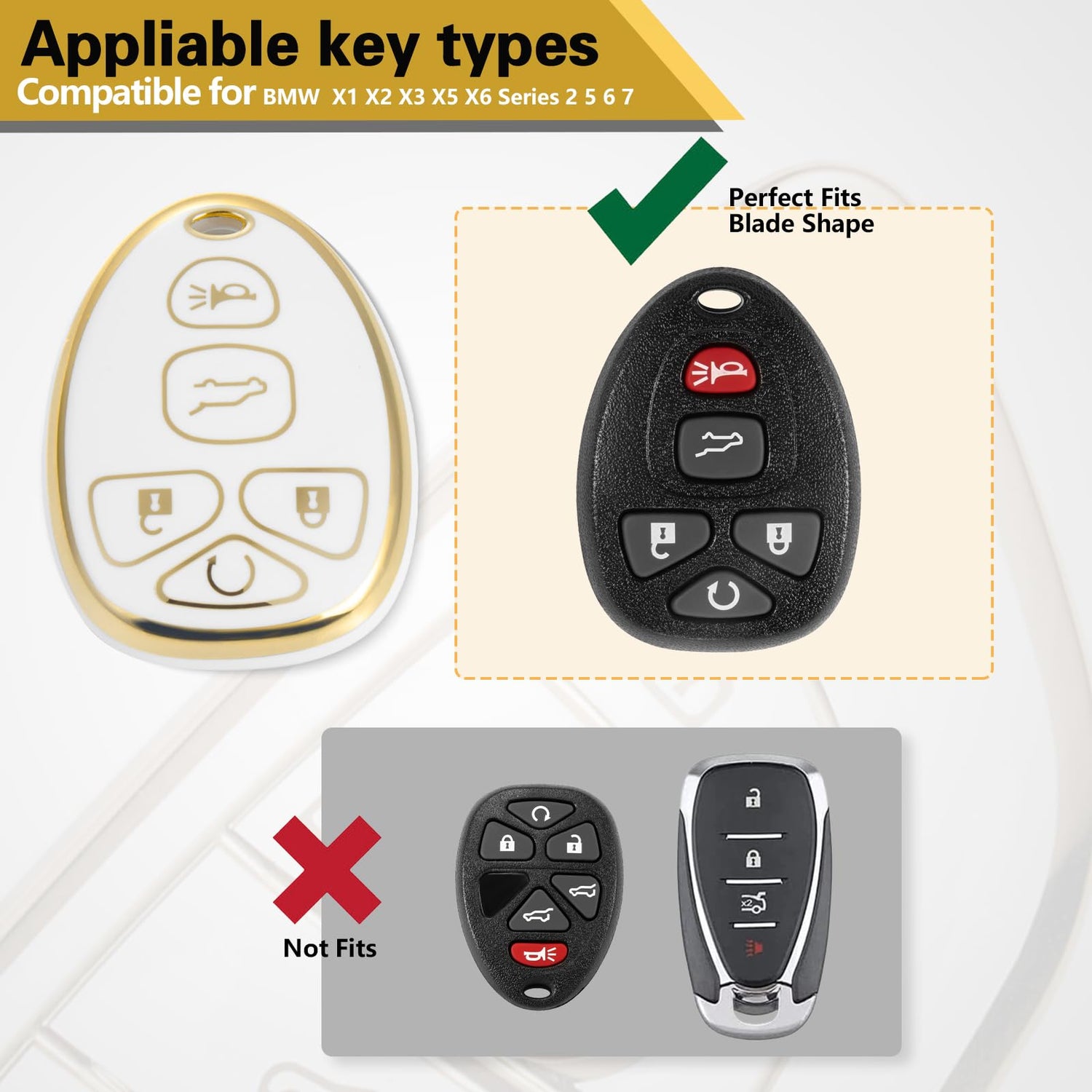 Cadillac Key Fob Cover with Metal Braided Rope Keychain, Upgraded Soft Key Case for 2015-2019 Escalade CTS SRX XT5 ATS STS CT6 (5 Button) (Gold Edge)