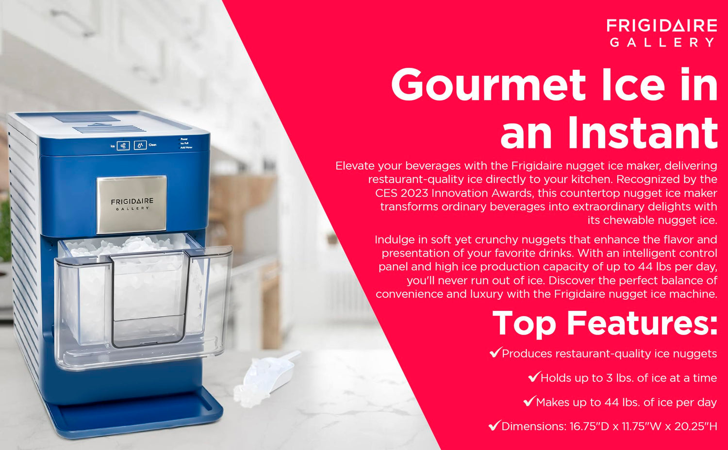 Frigidaire Nugget Ice Maker, Countertop Ice Machine with Transparent Window, Sonic Ice Maker with 44 lbs. Capacity, Auto Self Cleaning Ice Maker Machine, 2.0 Gen, Cream - 16.75D x 11.75W x 20.25H