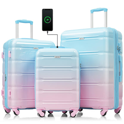 Merax 3 Pcs ABS Hardside Luggage Sets TSA Lock Spinner Wheel Suitcases, Pearly White, 20/24/28 Inch