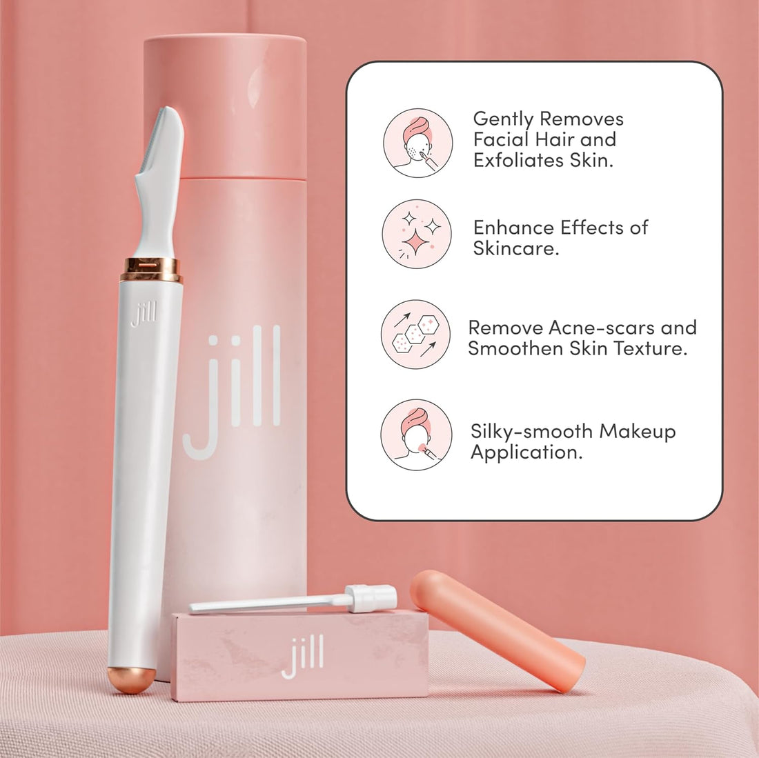 Jill Dermaplane Razor Starter Kit for Women | Facial Hair Removal Dermaplaning Kit Includes 1 Jill Wand, 2 Dermaplane Razors for Sensitive Skin &amp; Cleaning Cloth | Magic Oil Wipes Not Included