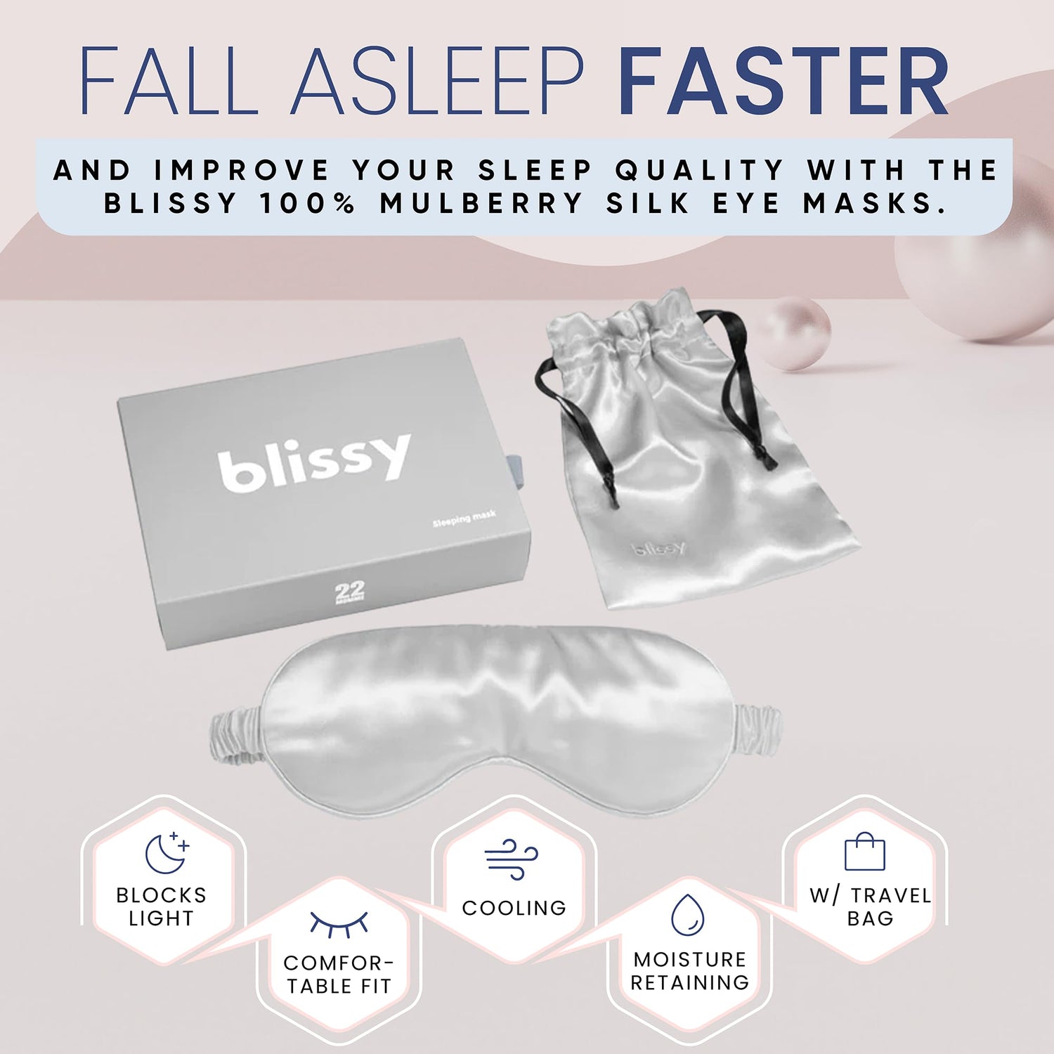 Blissy Silk Sleep Mask - Silk Eye Sleeping Mask for Women &amp; Men for Total Blackout - Silk Eye Mask - 100% Pure Mulberry Silk, 22 Momme 6a Fibers - Blindfold Silk Sleep Mask Side Sleeper Eye Cover