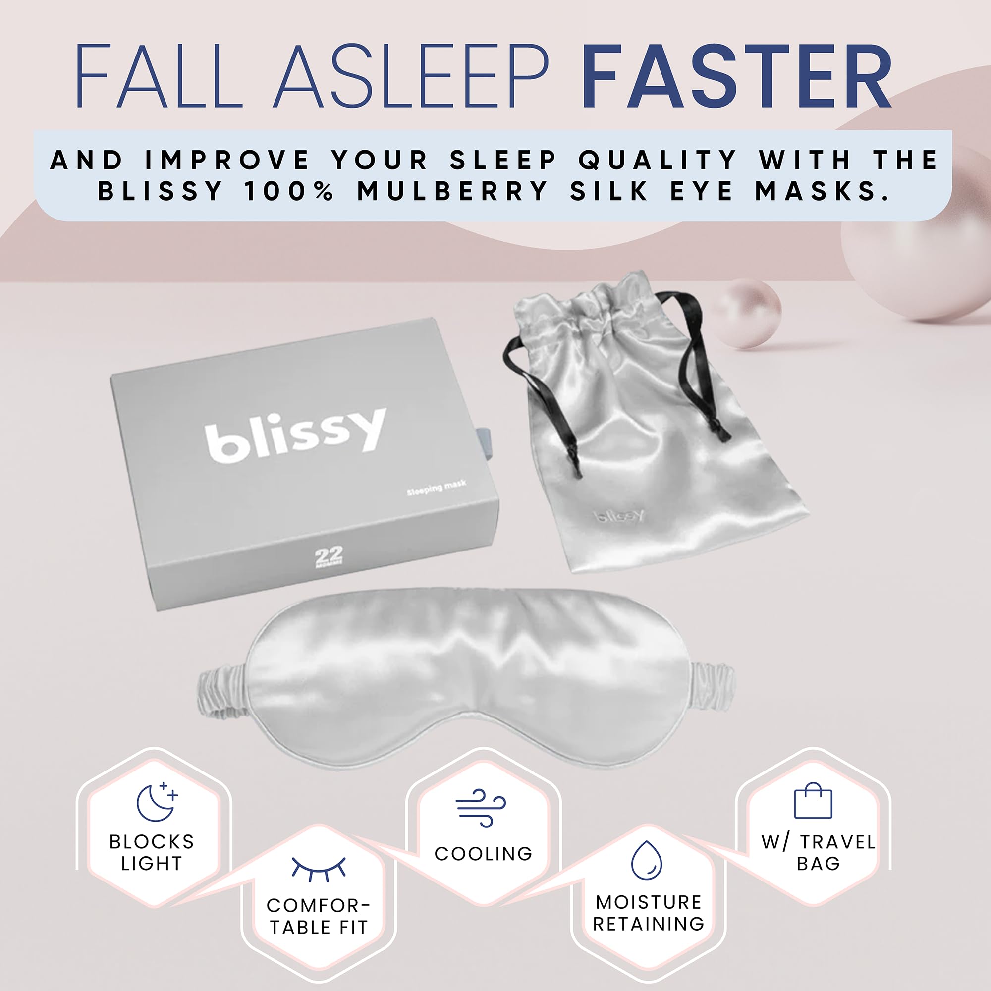 Blissy Silk Sleep Mask - Silk Eye Sleeping Mask for Women &amp; Men for Total Blackout - Silk Eye Mask - 100% Pure Mulberry Silk, 22 Momme 6a Fibers - Blindfold Silk Sleep Mask Side Sleeper Eye Cover