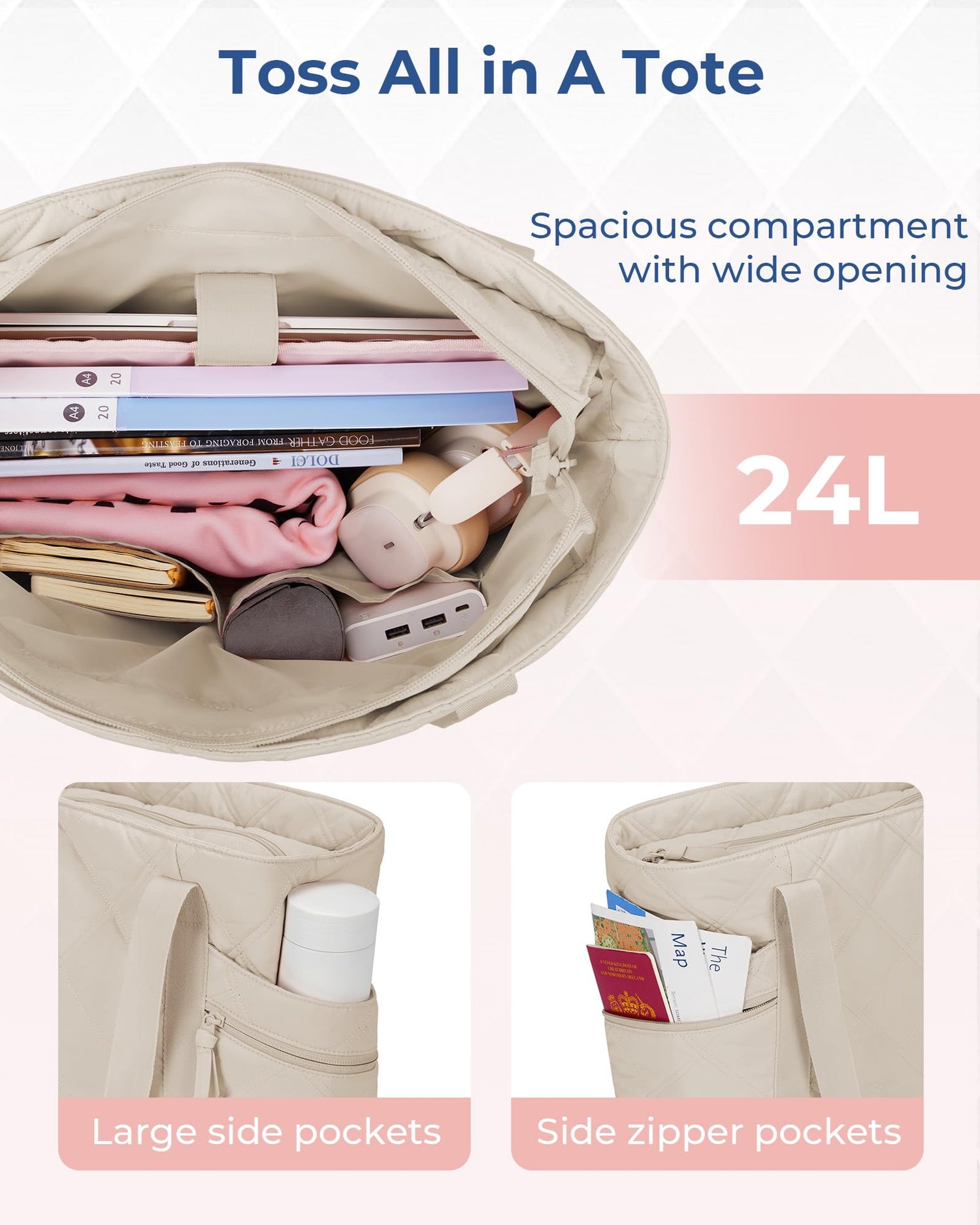 BAGSMART Tote Bag for Women, Puffer Tote Bags with Zipper, Travel Essentials Quilted Nurse Bag Carry On Bag Gifts for Women