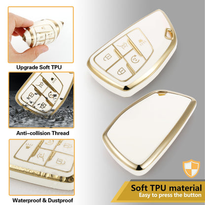 Cadillac Key Fob Cover with Metal Braided Rope Keychain, Upgraded Soft Key Case for 2015-2019 Escalade CTS SRX XT5 ATS STS CT6 (5 Button) (Gold Edge)