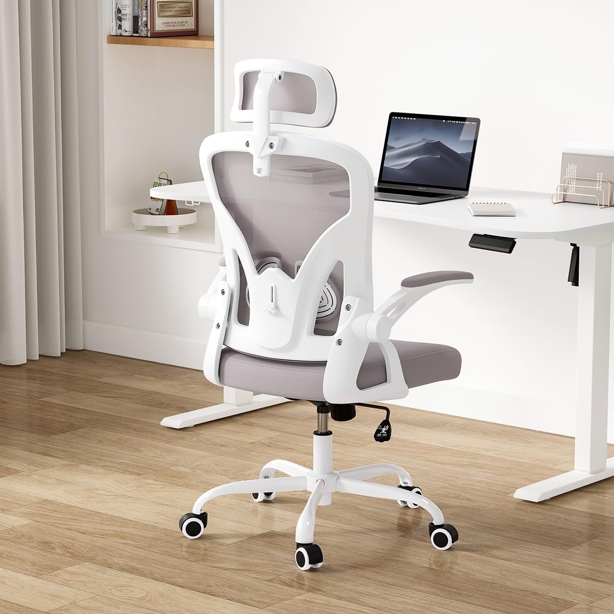 Farini Ergonomic Office Chair, Home Office Desk Chair with Headrest, High Back Computer Chair with Flip-up Armrests and Adjustable Lumbar Support for Home Office Study Bedroom, Khaki.