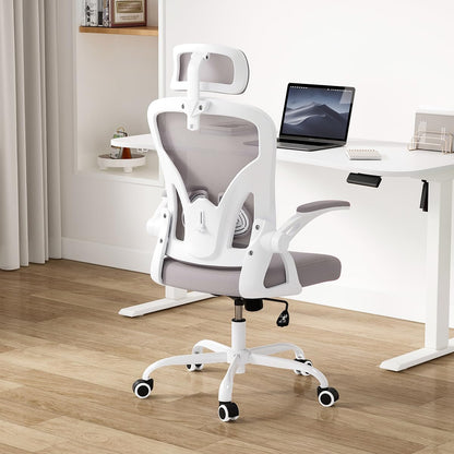 Farini Ergonomic Office Chair, Home Office Desk Chair with Headrest, High Back Computer Chair with Flip-up Armrests and Adjustable Lumbar Support for Home Office Study Bedroom, Khaki.
