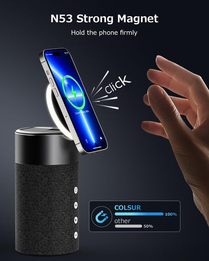 COLSUR Bluetooth Speaker, Magnetic Wireless Charger, Bluetooth Speakers with Night Light, 2 in 1 Wireless Charging Station for iPhone 16/15/14/13/12 Series, AirPods Pro/3/2（Gift Ideal）
