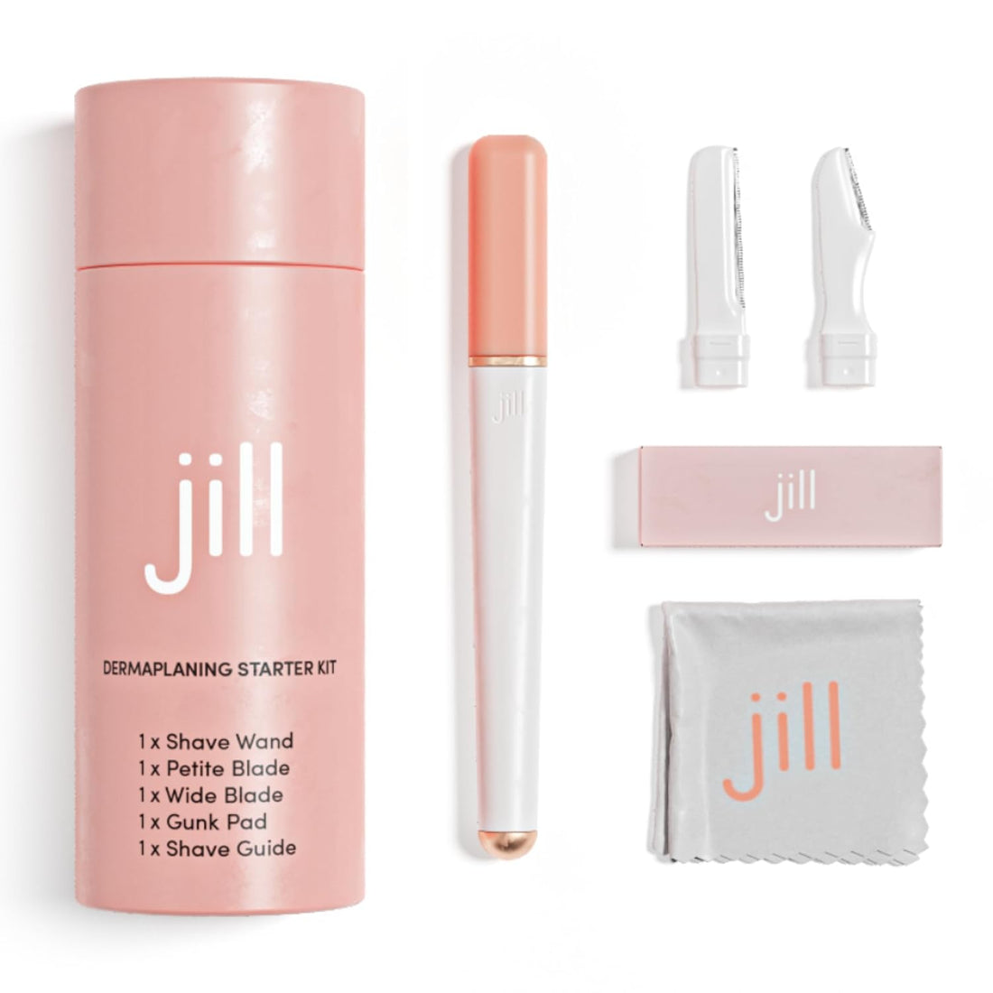 Jill Dermaplane Razor Starter Kit for Women | Facial Hair Removal Dermaplaning Kit Includes 1 Jill Wand, 2 Dermaplane Razors for Sensitive Skin &amp; Cleaning Cloth | Magic Oil Wipes Not Included