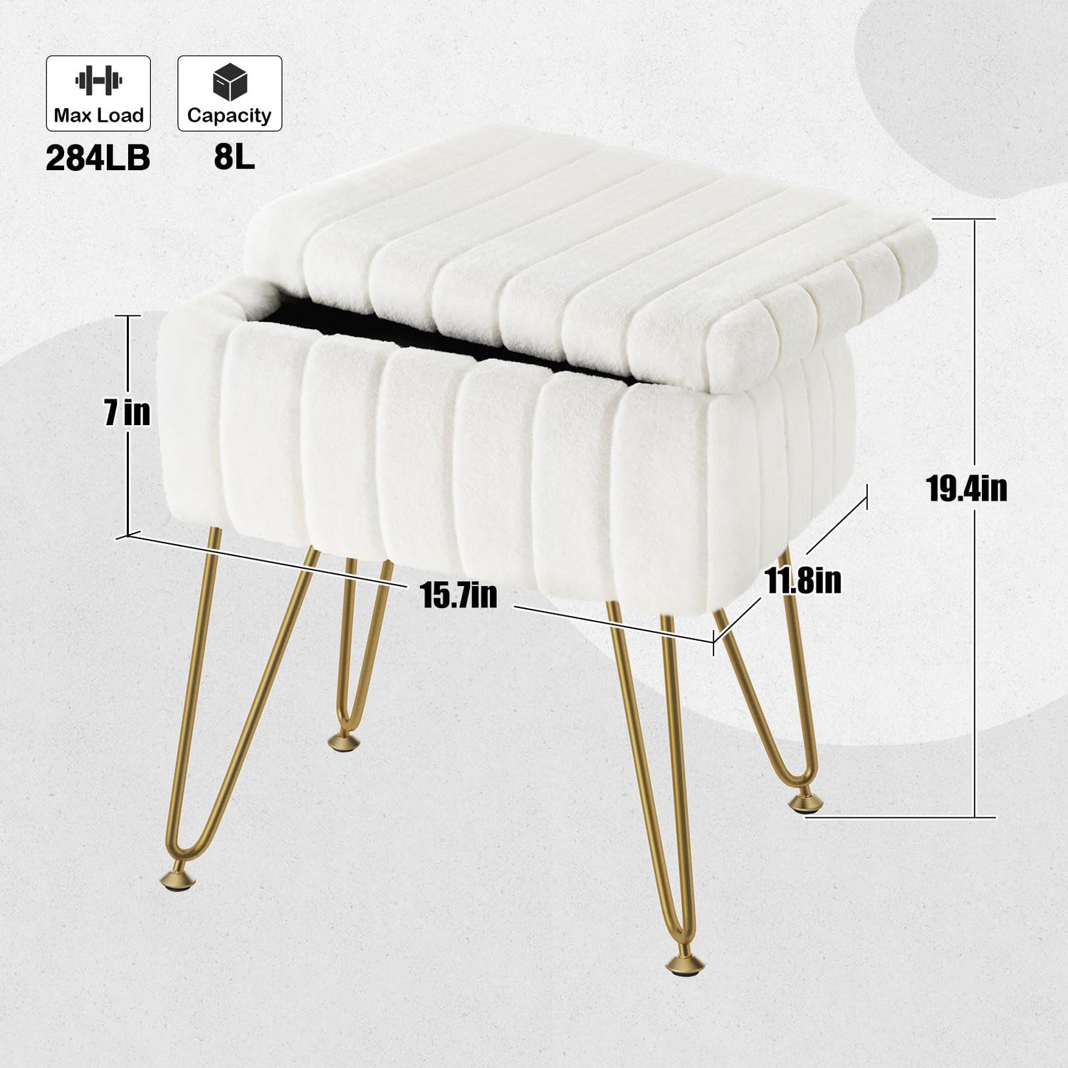 Greenstell Vanity Stool Chair Faux Fur with Storage, 19.4&quot; H x 15.7&quot; L x 11.8&quot; W Soft Ottoman 4 Metal Legs with Anti-Slip Feet, Furry Padded Seat, Modern Multifunctional Chairs for Makeup, Bedroom