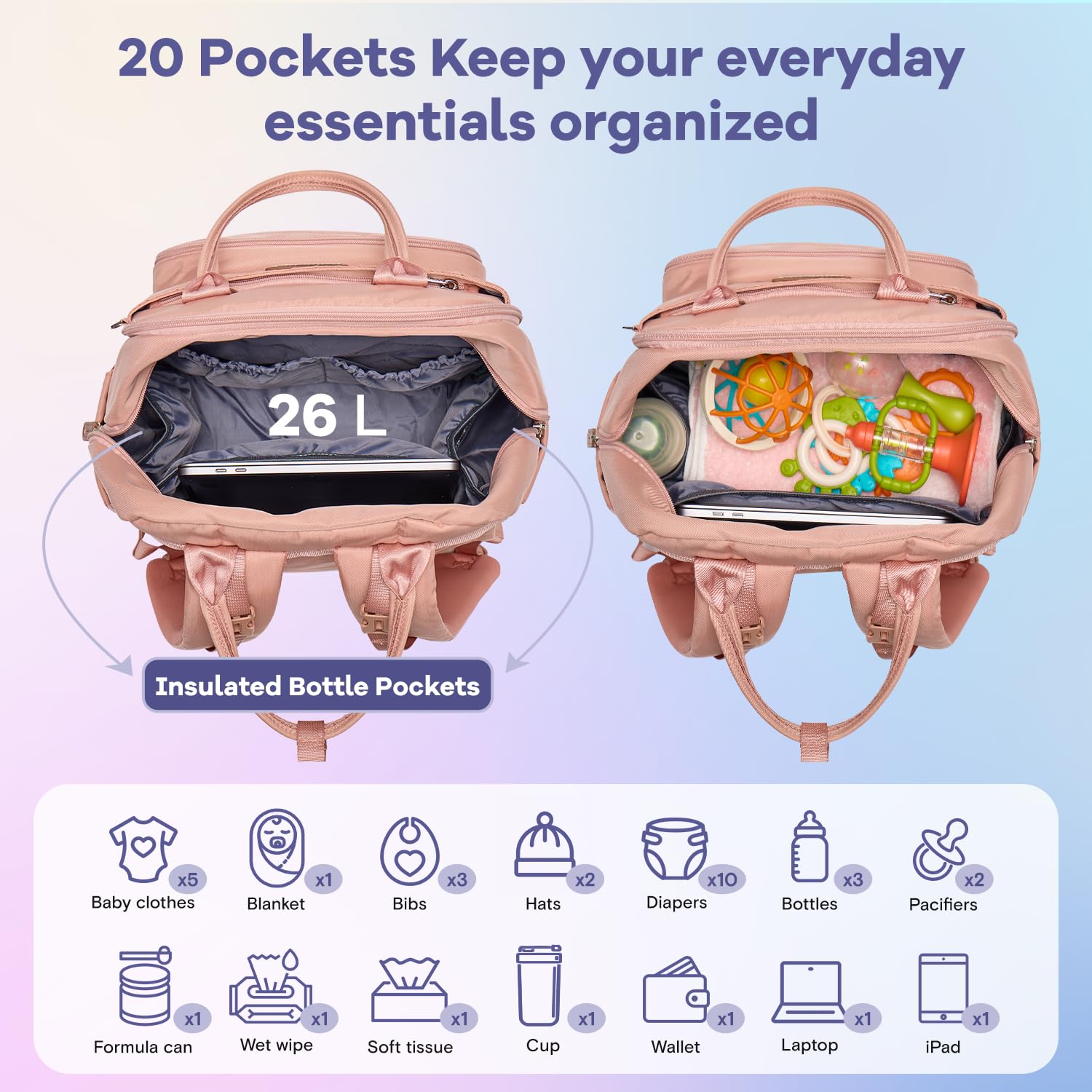RUVALINO Diaper Bag Backpack, Multifunction Travel Pack Maternity Baby Changing Bags, Large Capacity, Waterproof, Beige