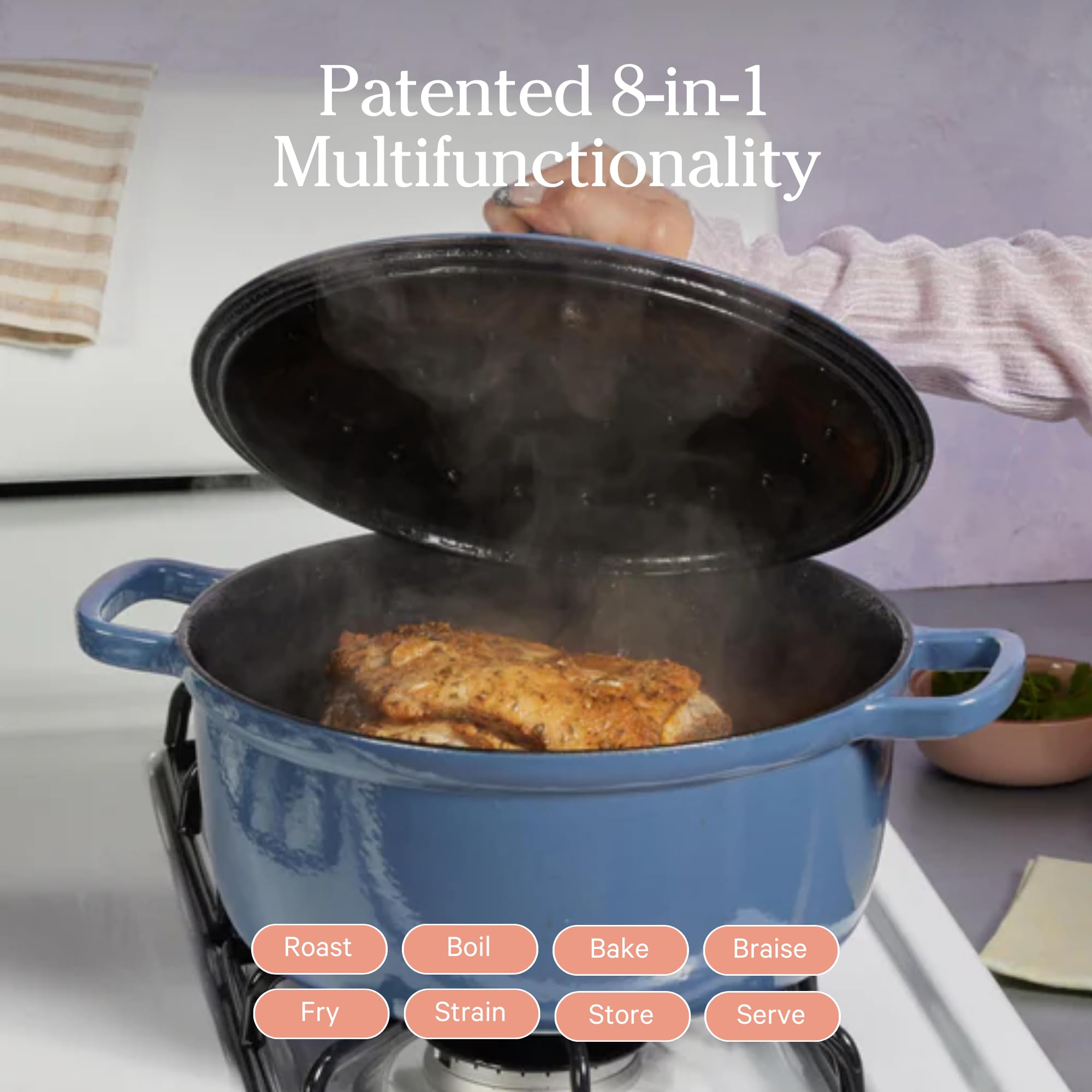 Our Place Cast Iron Perfect Pot | 6-in-1 Multifunctional 5.5 Qt. Toxin-Free Enameled Dutch Oven with Self-Basting Lid | Hot Grips &amp; Beechwood Scraper | Induction Cooktop and Oven Safe | Spice