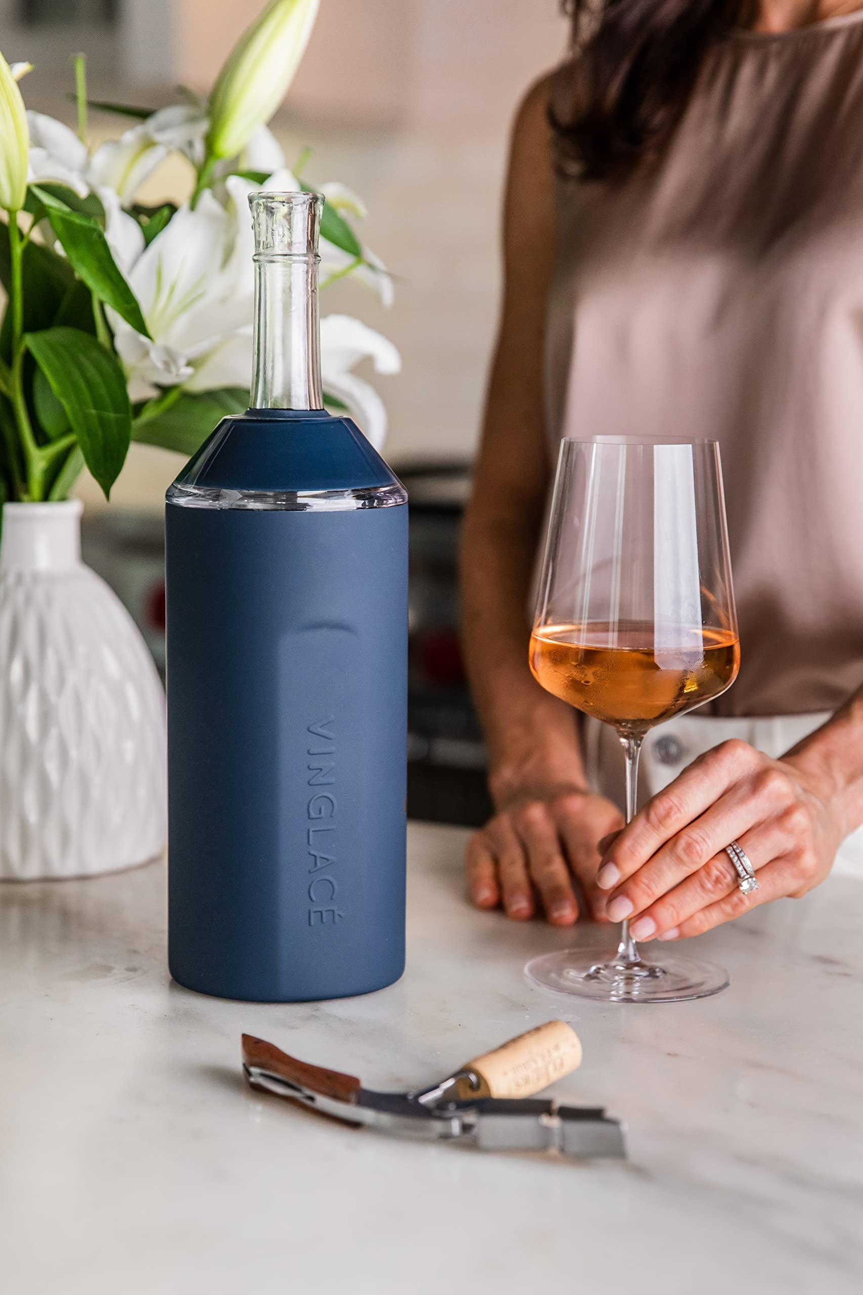 Vinglacé Wine Bottle Chiller- Portable Champagne Insulator- Stainless Steel Wine Cooler Sleeve, White