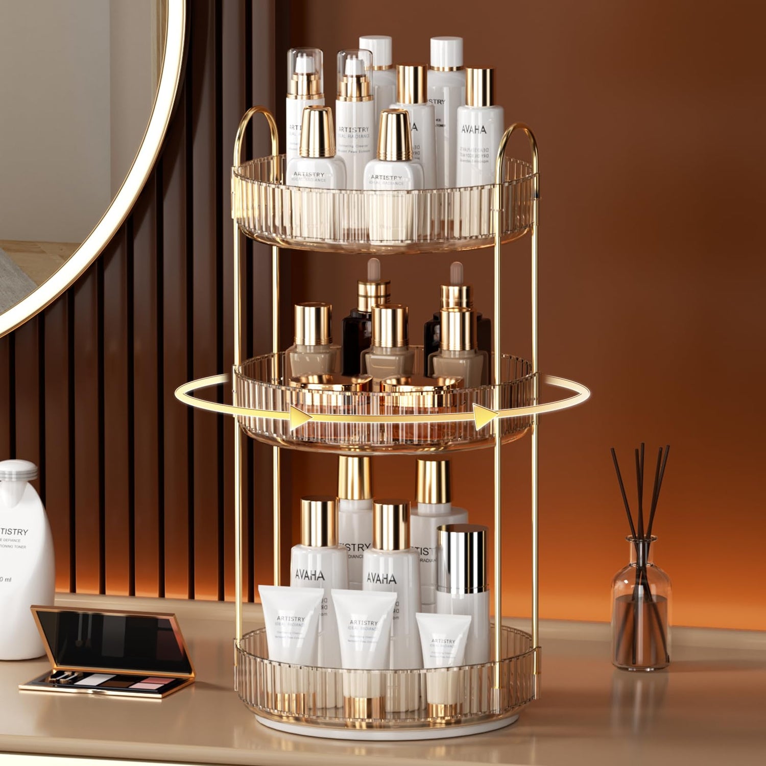 YCIA&amp;DONE 360 Rotating Makeup Organizer and Storage for Vanity Bathroom Countertop, High Capacity Cosmetic Skincare Perfume Organizer for Dresser Lazy Susan Organizers(Clear White,2 Tiers)