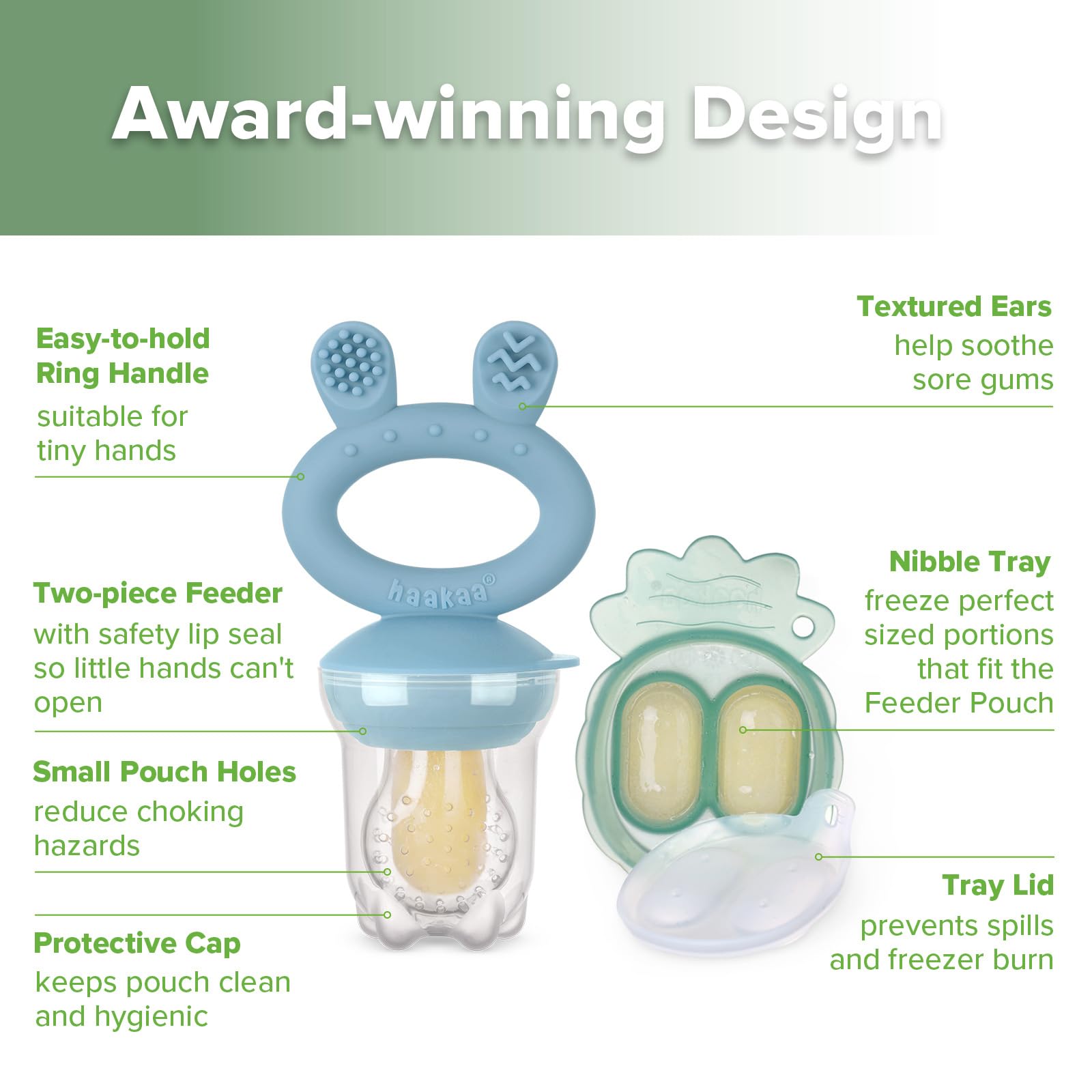 Haakaa Baby Fruit Food Feeder &amp; Mini Freezer Nibble Tray Combo, Breastmilk Popsicle Molds for Cooling Relief, BPA Free Silicone Feeder for Safe Infant Self Feeding, 4 Month+ (Pea Green)