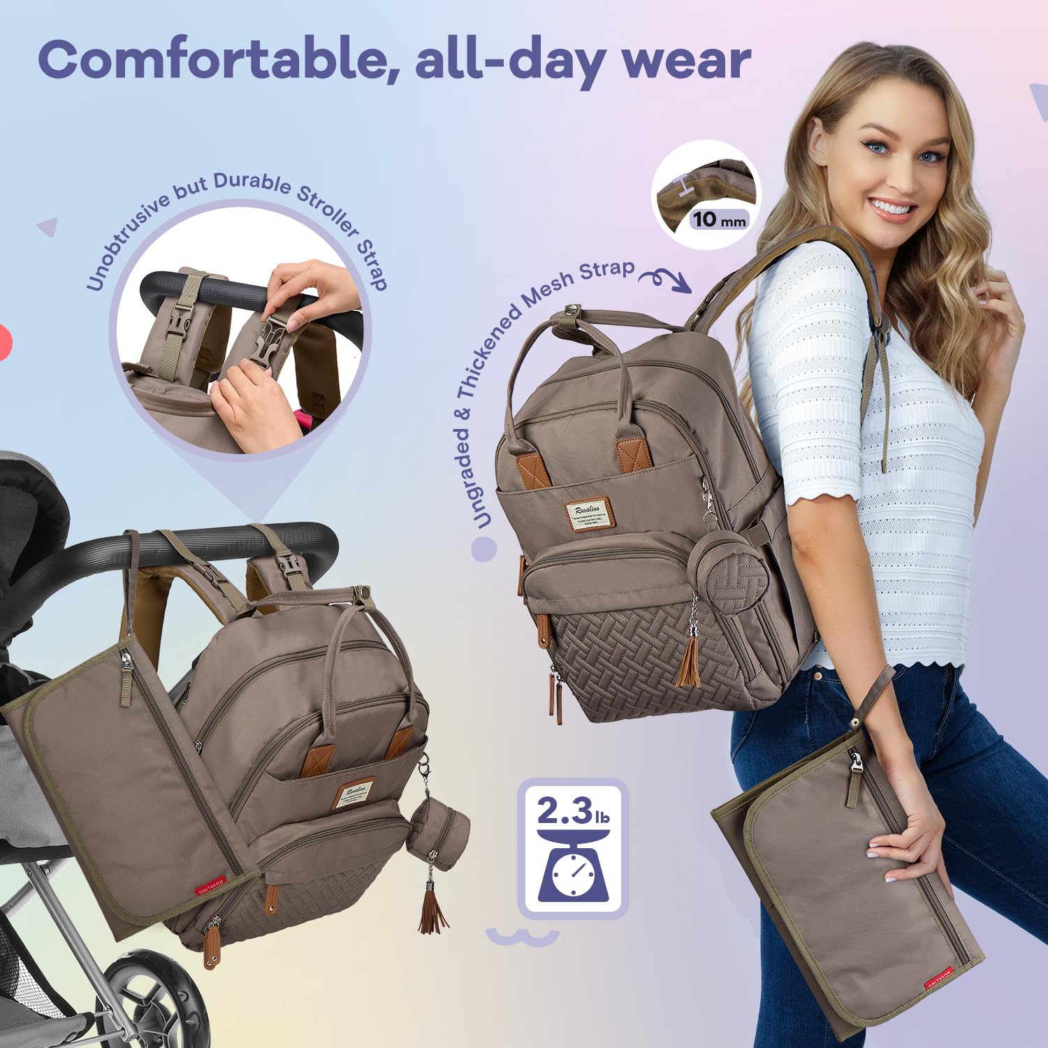 RUVALINO Diaper Bag Backpack, Multifunction Travel Pack Maternity Baby Changing Bags, Large Capacity, Waterproof, Beige