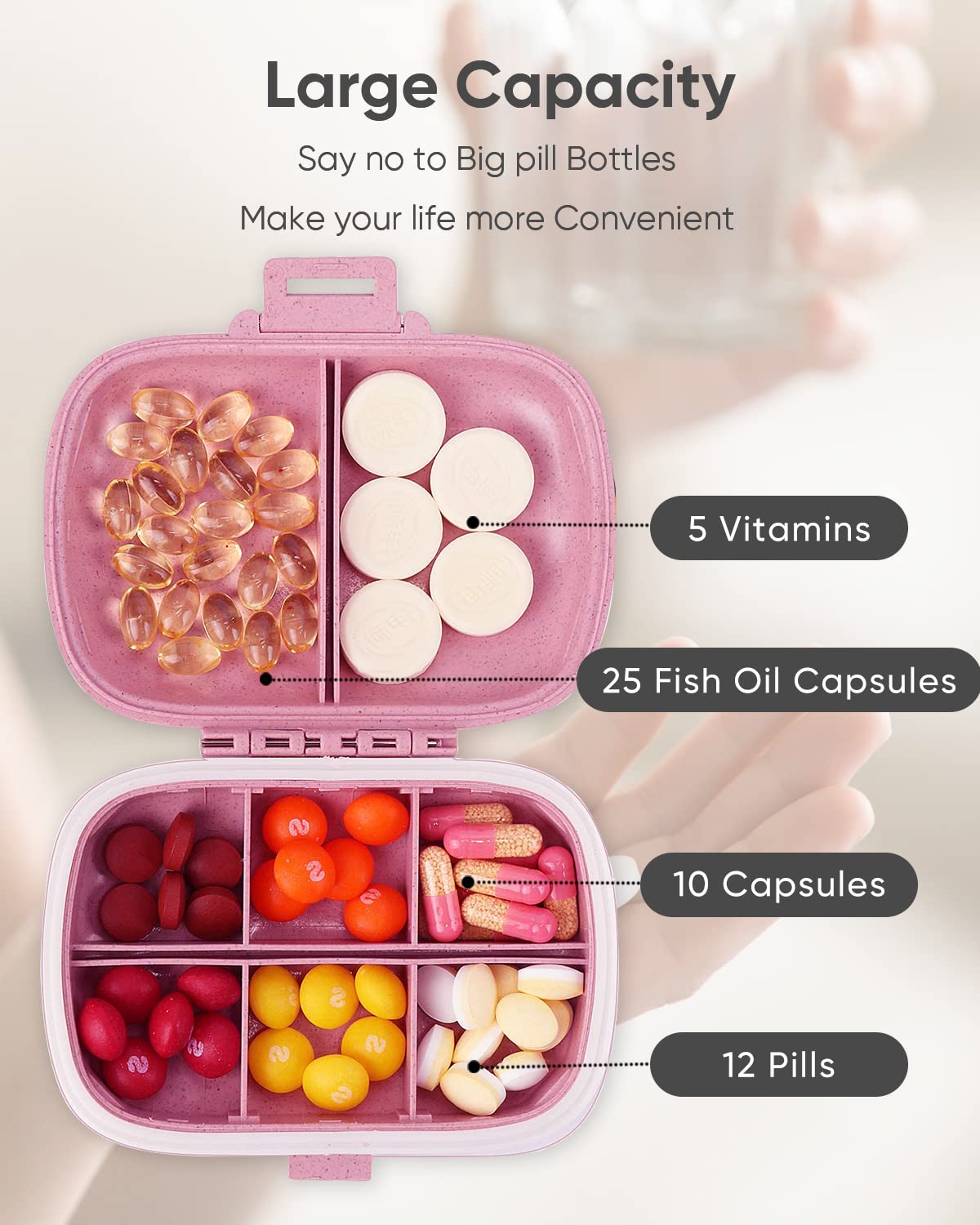 Holii Travel Pill Organizer, 8 Compartments Portable Pill Case, Daily Pill Box to Hold Vitamins, Small Pill Container for Pocket Purse Medicine Organizer（Khaki）