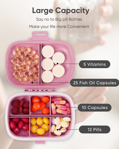 Holii Travel Pill Organizer, 8 Compartments Portable Pill Case, Daily Pill Box to Hold Vitamins, Small Pill Container for Pocket Purse Medicine Organizer（Khaki）