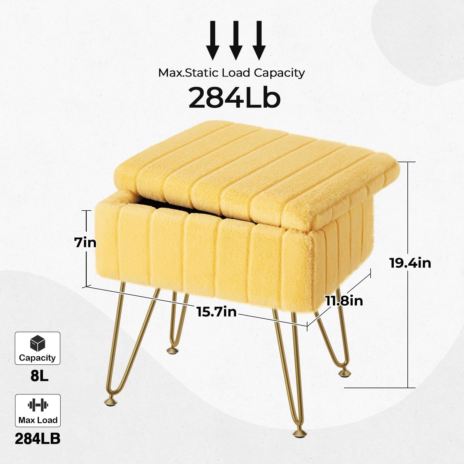 Greenstell Vanity Stool Chair Faux Fur with Storage, 19.4&quot; H x 15.7&quot; L x 11.8&quot; W Soft Ottoman 4 Metal Legs with Anti-Slip Feet, Furry Padded Seat, Modern Multifunctional Chairs for Makeup, Bedroom