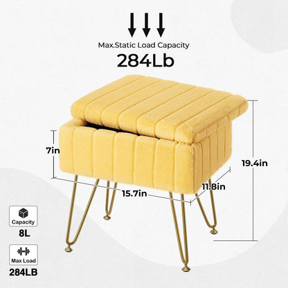 Greenstell Vanity Stool Chair Faux Fur with Storage, 19.4&quot; H x 15.7&quot; L x 11.8&quot; W Soft Ottoman 4 Metal Legs with Anti-Slip Feet, Furry Padded Seat, Modern Multifunctional Chairs for Makeup, Bedroom