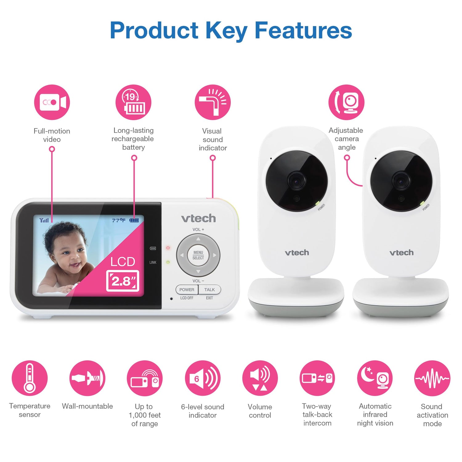 VTech VM819 Baby Monitor, 2.8” Screen, Night Vision, 2-Way Audio, Temperature Sensor and Lullabies, Secure Transmission No WiFi