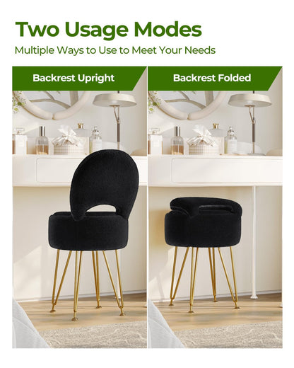 Greenstell Vanity Stool with Foldable Back, Vanity Chair with Storage, 13&quot; Dx 27.7&quot; H Faux Fur Soft Ottoman, 4 Metal Legs with Anti-Slip Feet, Small Furry Padded Seat for Makeup, Bedroom, White