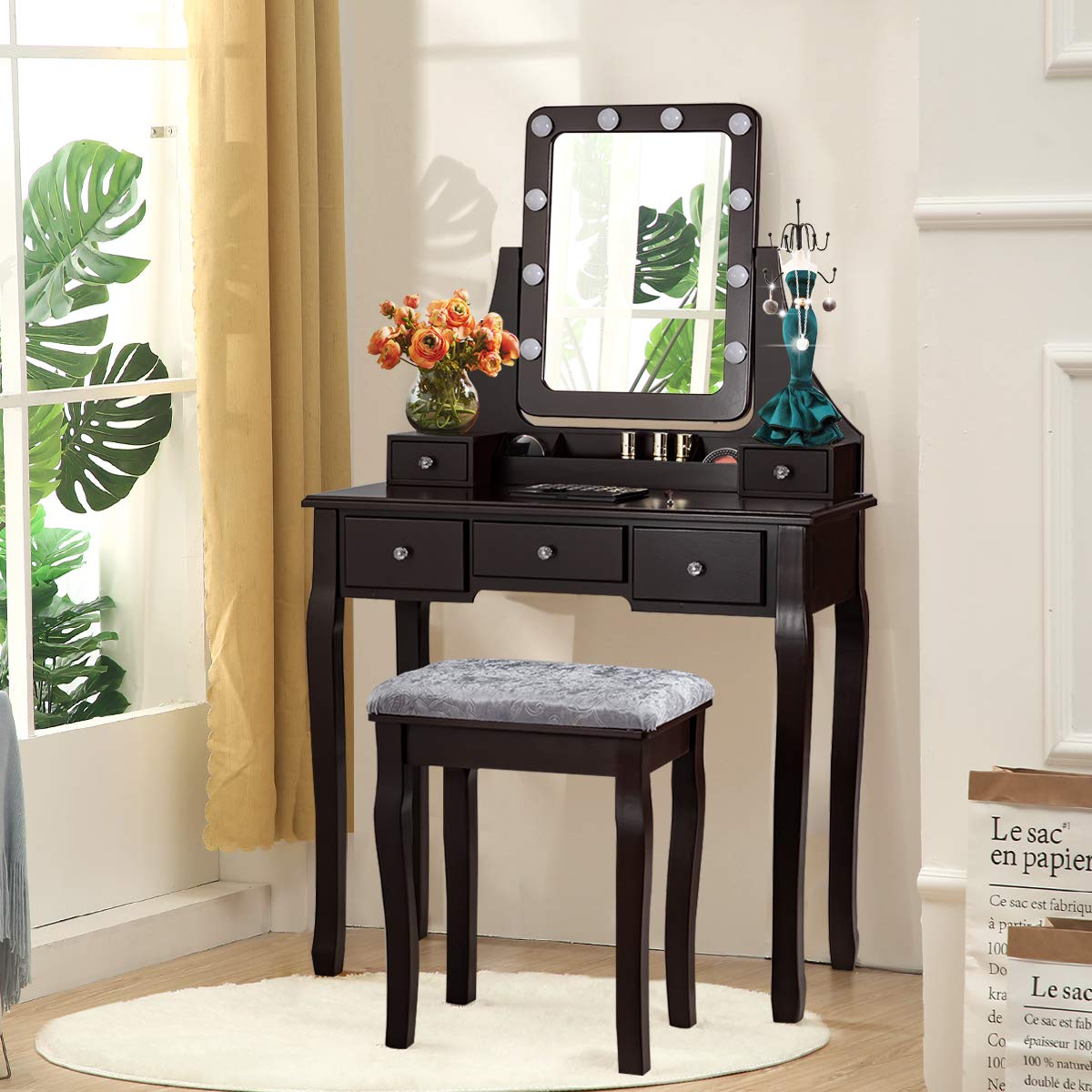 DORTALA Vanity Table Set with 360° Mirror &amp; Cushioned Stool, Makeup Table with 10 LED Dimmable Bulbs, Bedroom Wood Dressing Table with 5 Drawers and Removable Box Organizer, Gift for Females (White)