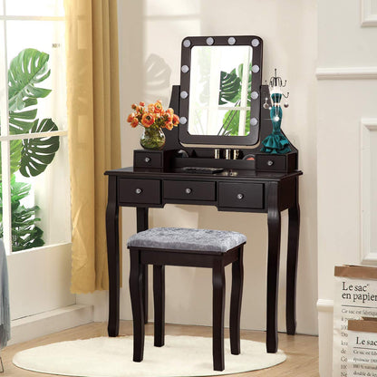 DORTALA Vanity Table Set with 360° Mirror &amp; Cushioned Stool, Makeup Table with 10 LED Dimmable Bulbs, Bedroom Wood Dressing Table with 5 Drawers and Removable Box Organizer, Gift for Females (White)