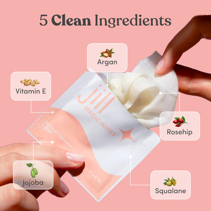 Jill Magic Wipes Pre Shave Dermaplane Oil Wipes for Face 6 Pack | Step 1 to Dermaplane Kit by Jill | Vitamin E, Squalane, Argan &amp; Rosehip Oil